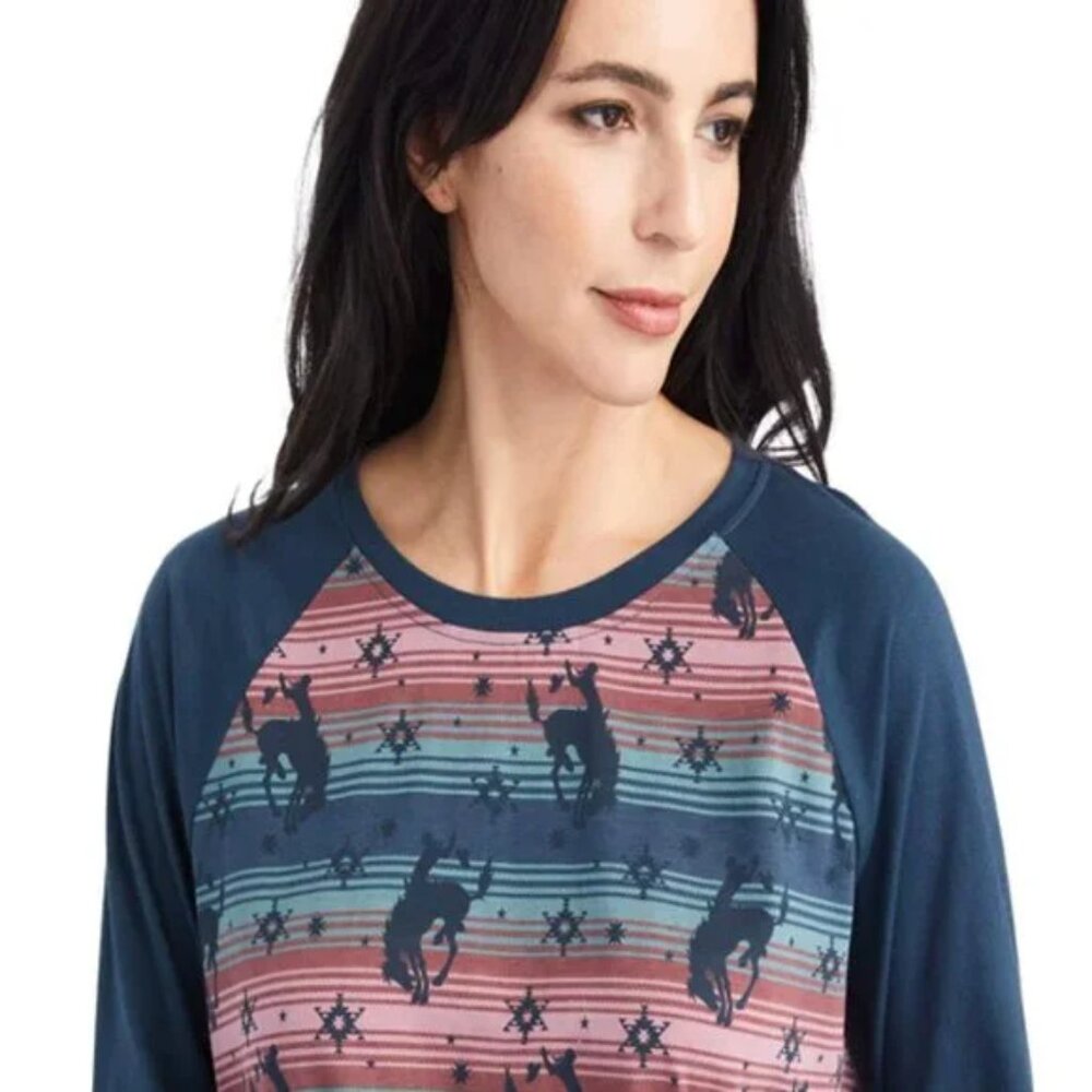 ARIAT Pajama Shirt Womens Large Navy Bucking Serape Horse Long Sleeve Sleep Top